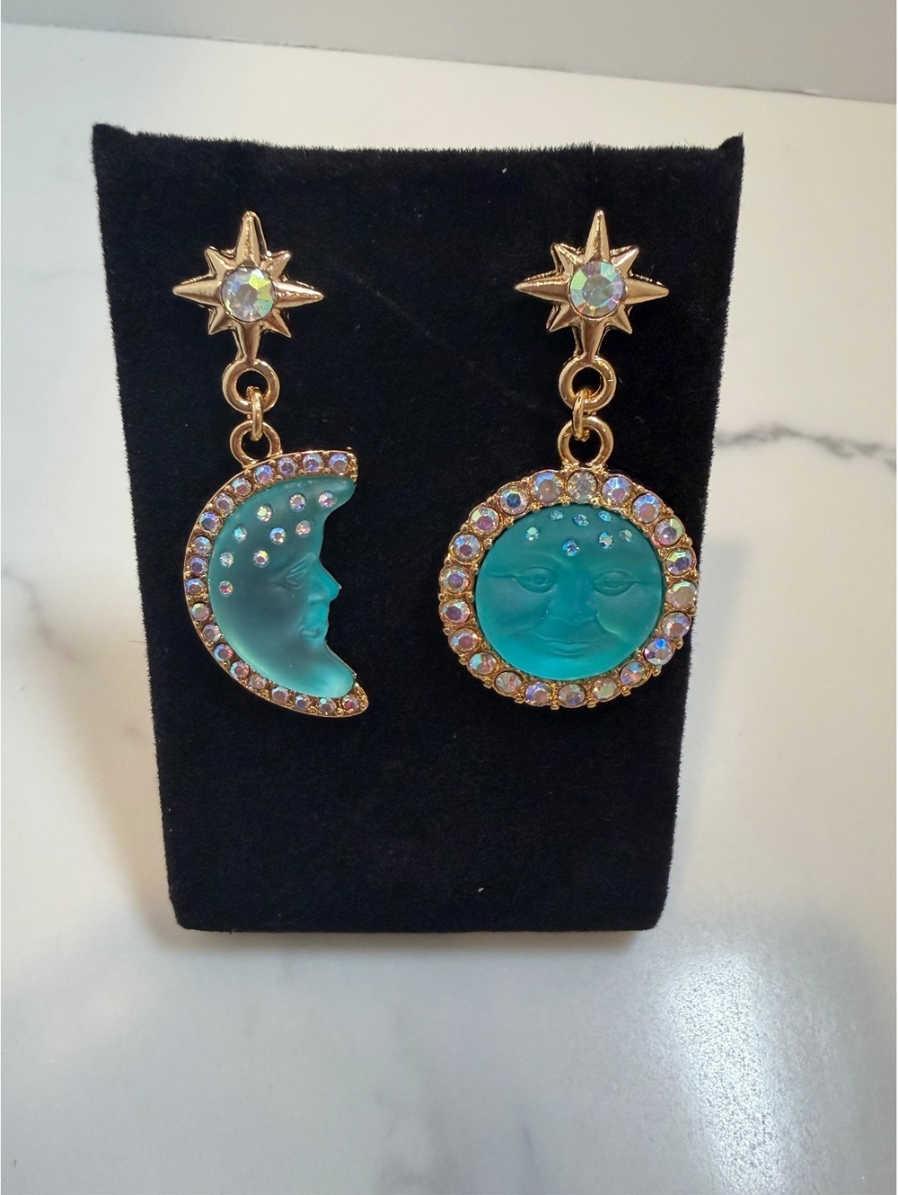 Gold Tone Star Sun and Moon 2 in. Drop Earrings with Teal Face Accents [COPY]